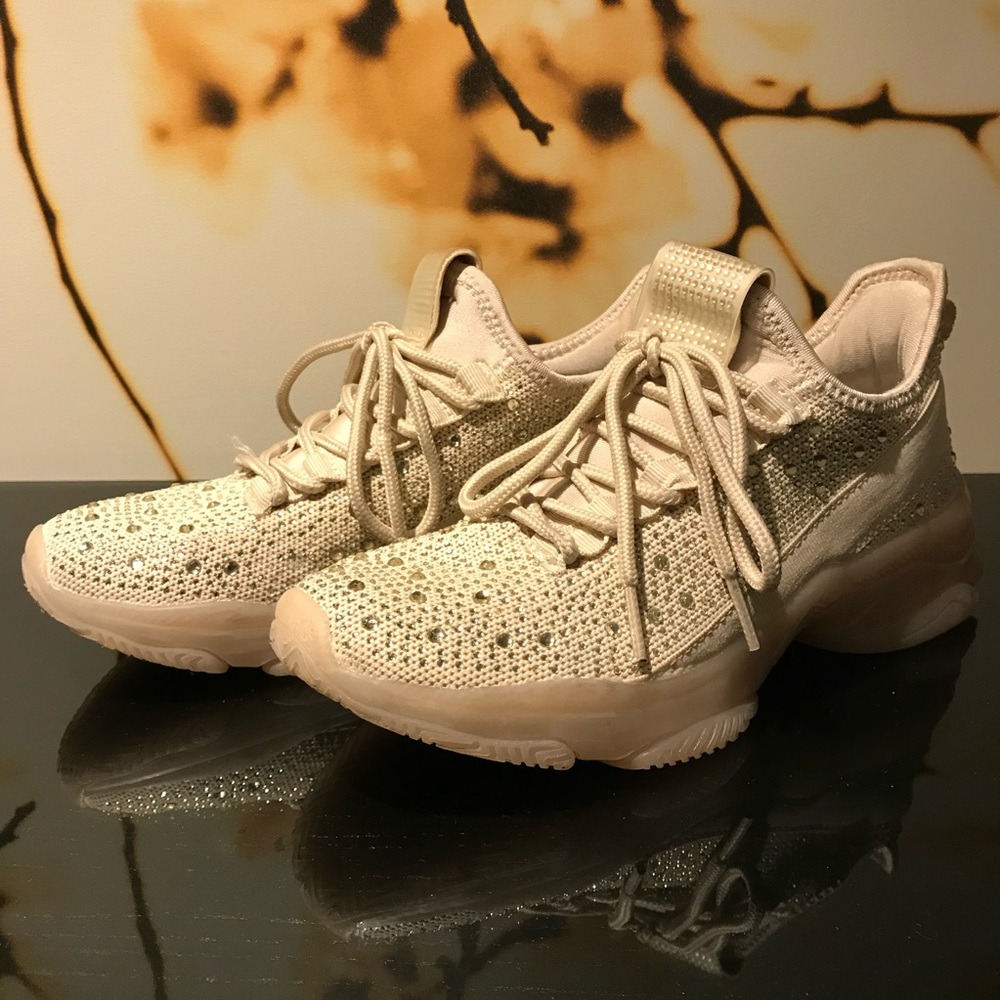 Women's Rhinestone Mesh Slip On Beige Sneakers Walking Shoes (6)